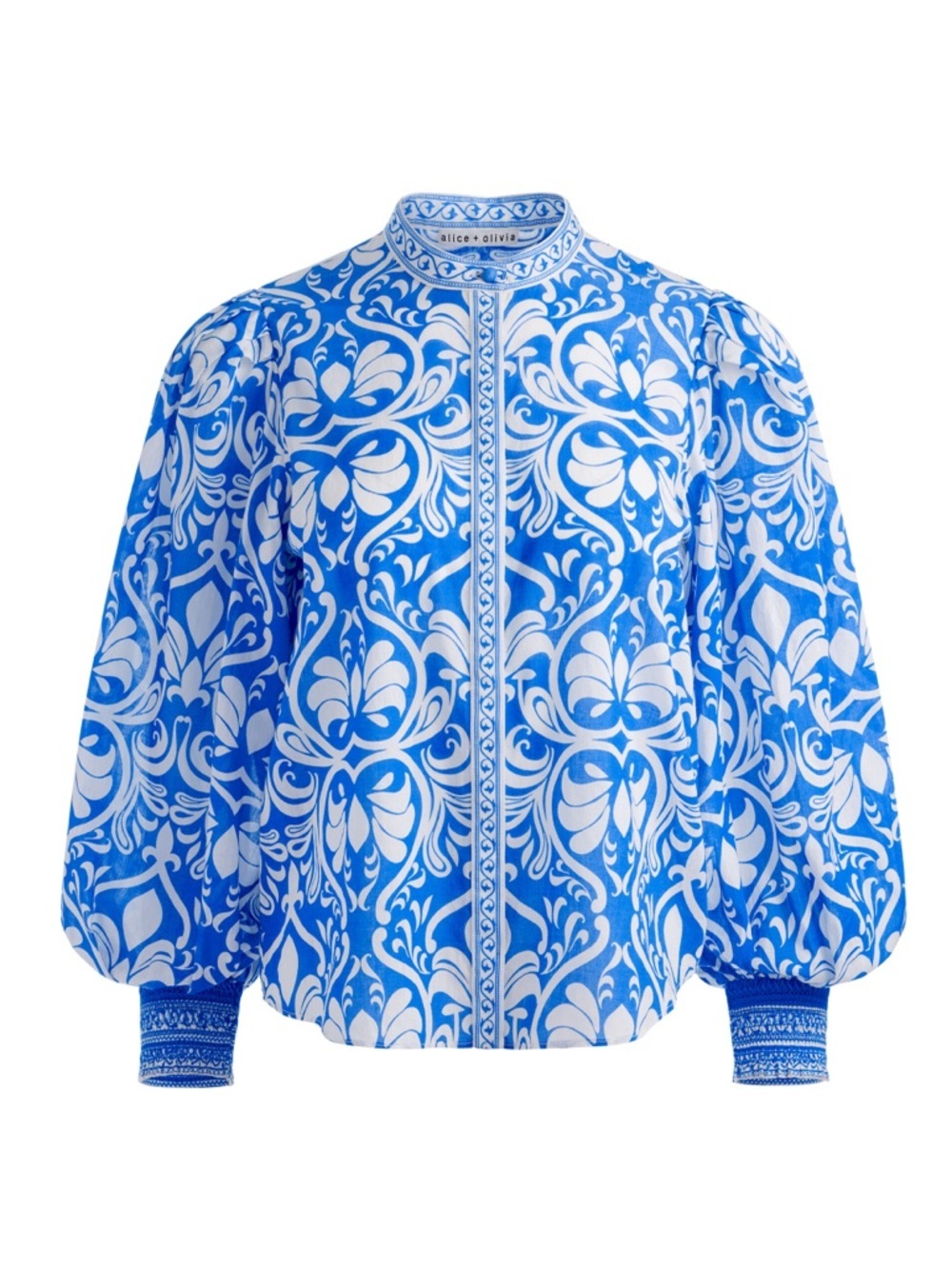 NWT Alice + Olivia April Cotton Puff Button Down Up Top Soirée True Blue White - Picture 10 of 11
